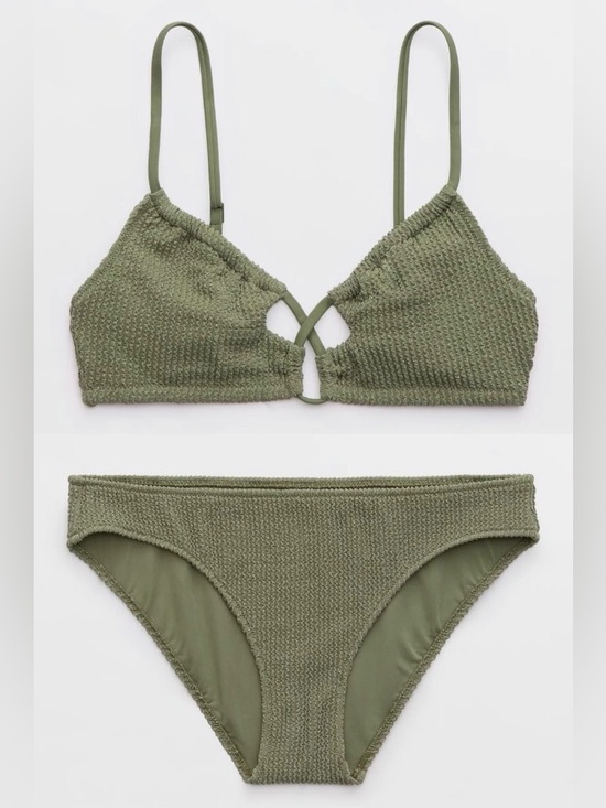 aerie Other - NWT Aerie FULL SET Shimmery Crinkle Lace Up Top + Cheekiest Tie Bottom Olive 🫒 M